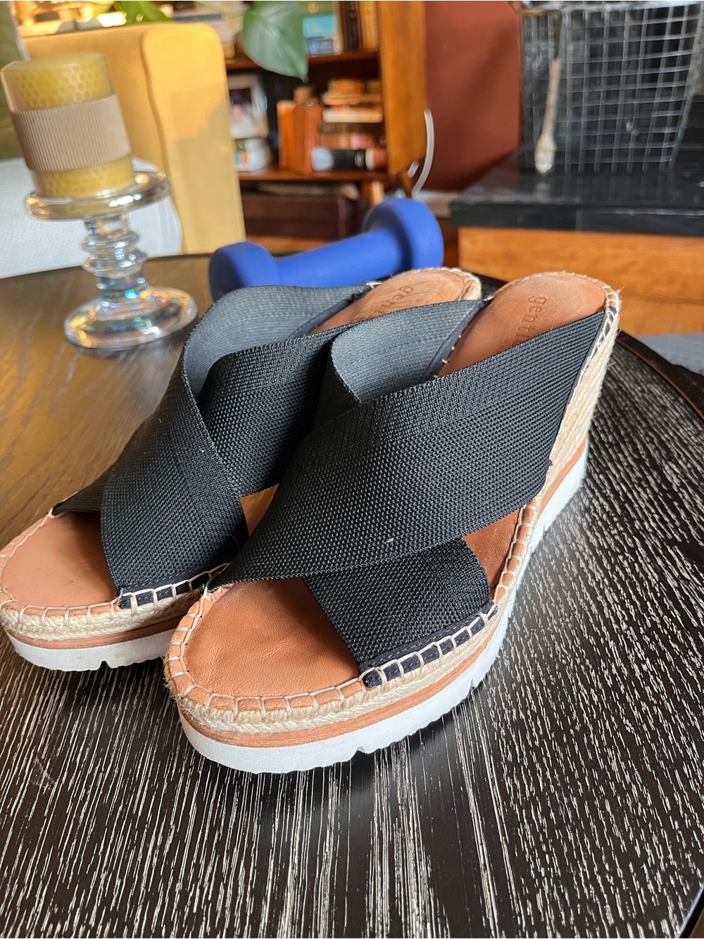 gentle souls Black Cross-Strap Espadrille Wedge Sandals
